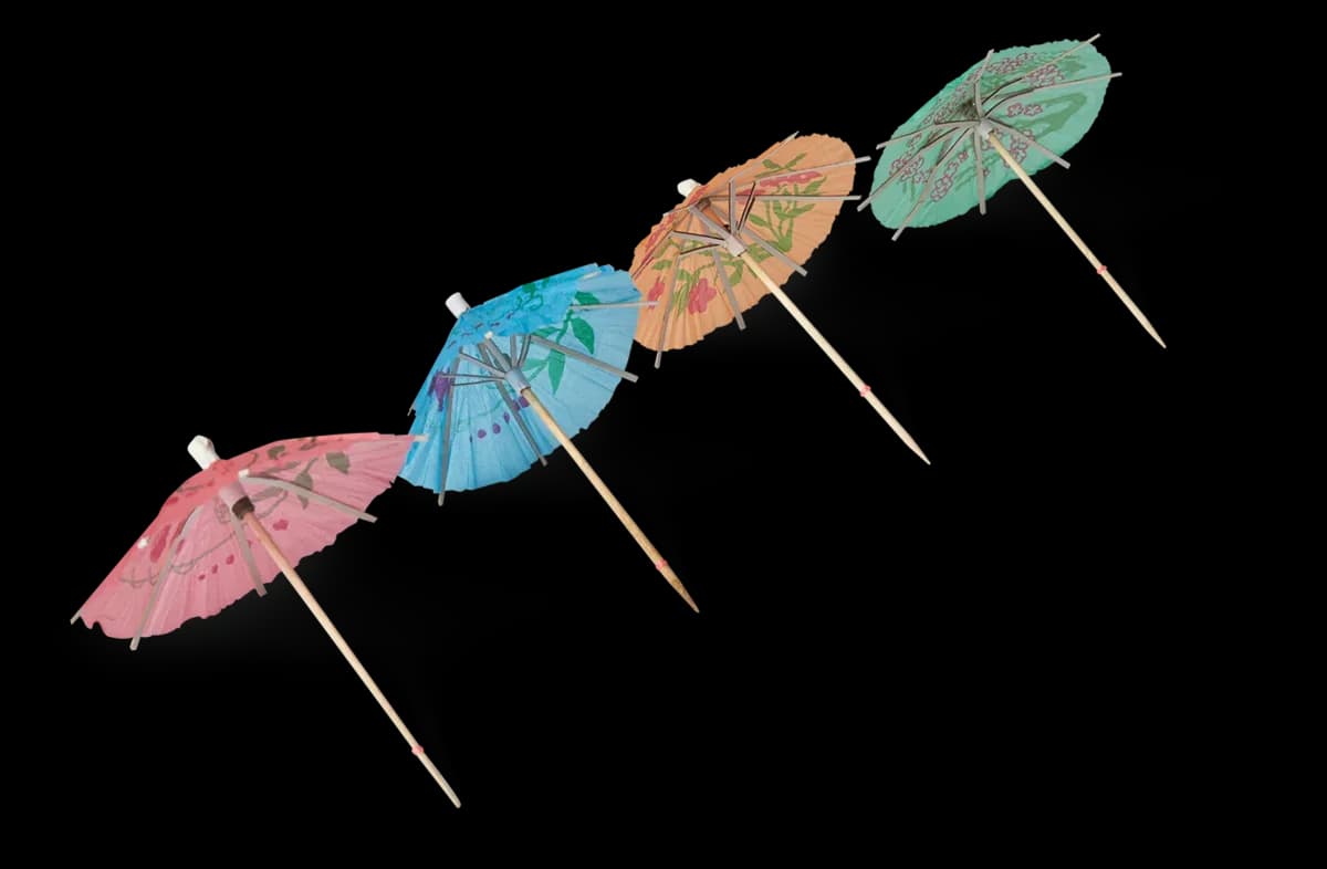 Sombrillas decorativas de madera y papel (144 PZ), palillos madera, se vende en caja de 1