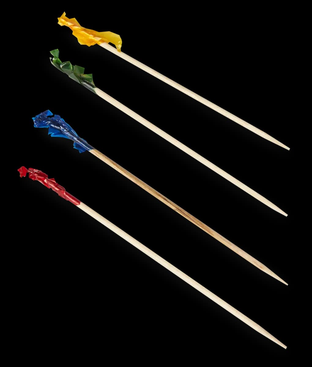 Palillo de madera decorados celofan colores (1,000 PZ), palillos madera, se vende en caja de 1